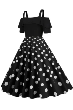 Preto Pontos de Polka Vestido Dos Anos 1950