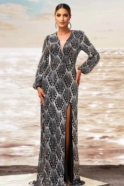 Preto Prata Bainha V Pescoço Mangas Longas Vestido Formal Longo com Fenda
