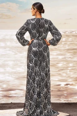 Preto Prata Bainha V Pescoço Mangas Longas Vestido Formal Longo com Fenda