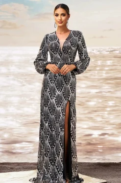Preto Prata Bainha V Pescoço Mangas Longas Vestido Formal Longo com Fenda