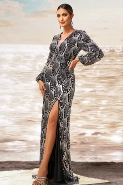 Preto Prata Bainha V Pescoço Mangas Longas Vestido Formal Longo com Fenda