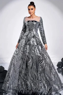Preto Prata Floral A-Line Ilusão Pescoço Mangas Longas Vestido Formal