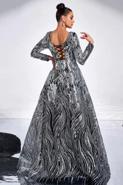 Preto Prata Floral A-Line Ilusão Pescoço Mangas Longas Vestido Formal