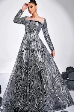 Preto Prata Floral A-Line Ilusão Pescoço Mangas Longas Vestido Formal