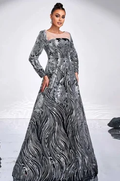 Preto Prata Floral A-Line Ilusão Pescoço Mangas Longas Vestido Formal