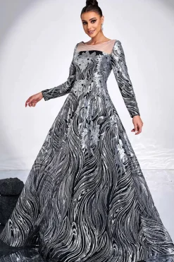 Preto Prata Floral A-Line Ilusão Pescoço Mangas Longas Vestido Formal