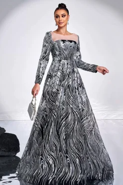 Preto Prata Floral A-Line Ilusão Pescoço Mangas Longas Vestido Formal