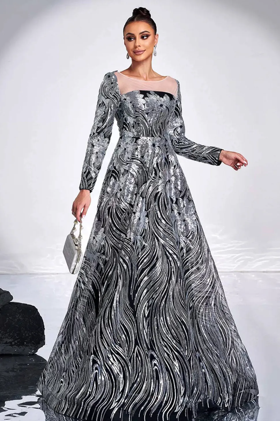 Preto Prata Floral A-Line Ilusão Pescoço Mangas Longas Vestido Formal