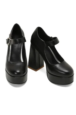 Preto PU Couro Plataforma Bloco Salto Mary Jean Shoes