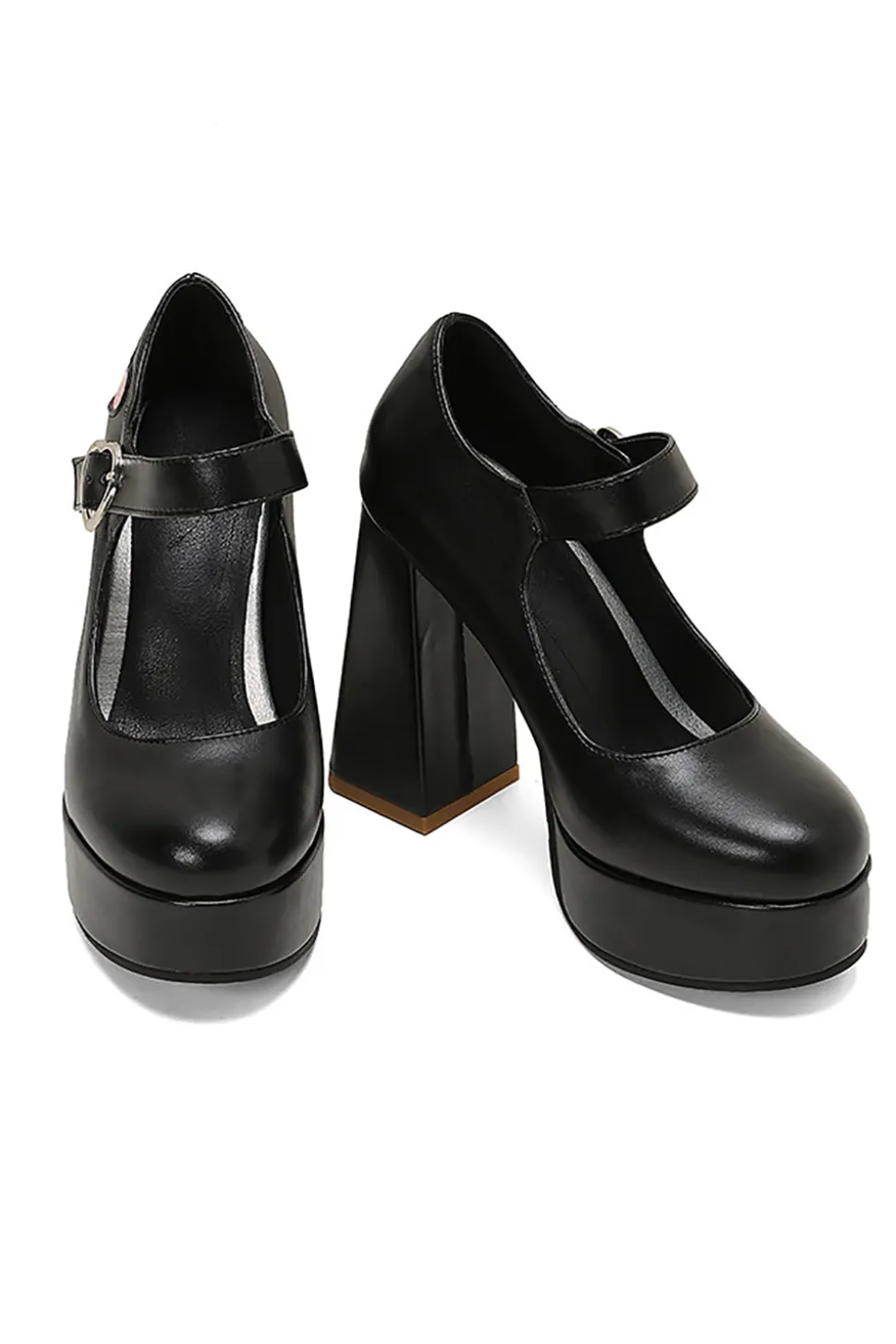 Preto PU Couro Plataforma Bloco Salto Mary Jean Shoes