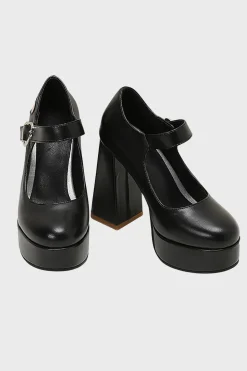 Preto PU Couro Plataforma Bloco Salto Mary Jean Shoes