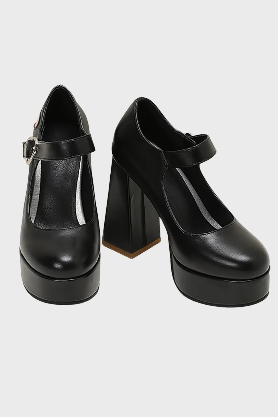 Preto PU Couro Plataforma Bloco Salto Mary Jean Shoes