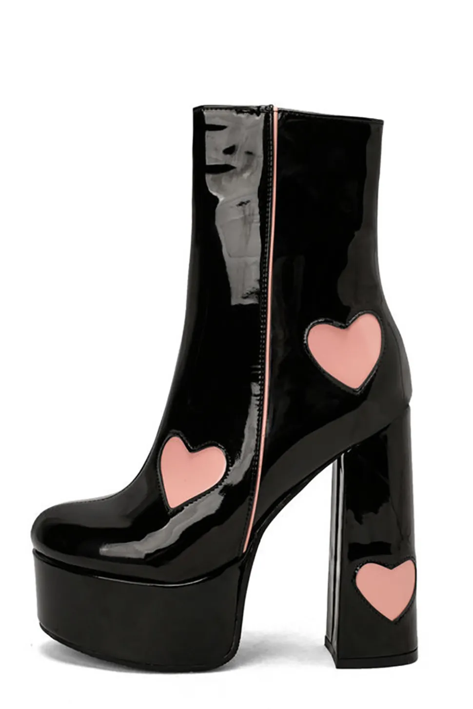 Preto PU Leather Platform Chunky Block High Heel Botas com corações cor-de-rosa