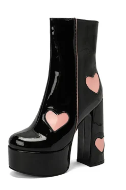 Preto PU Leather Platform Chunky Block High Heel Botas com corações cor-de-rosa
