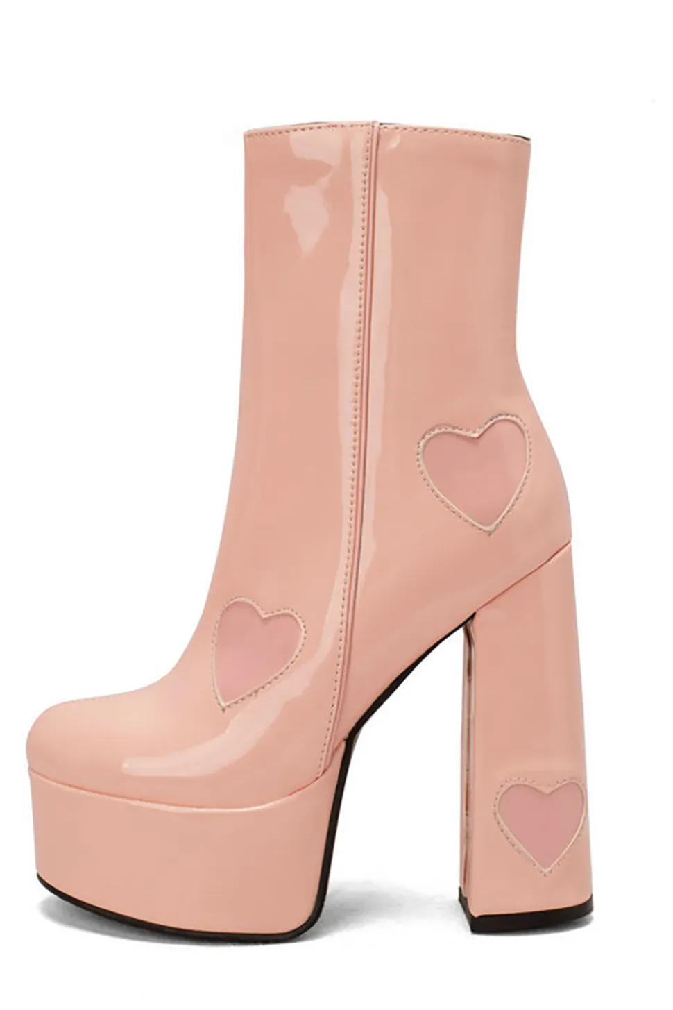 Preto PU Leather Platform Chunky Block High Heel Botas com corações cor-de-rosa