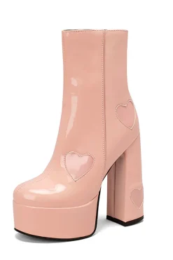 Preto PU Leather Platform Chunky Block High Heel Botas com corações cor-de-rosa