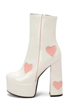 Preto PU Leather Platform Chunky Block High Heel Botas com corações cor-de-rosa
