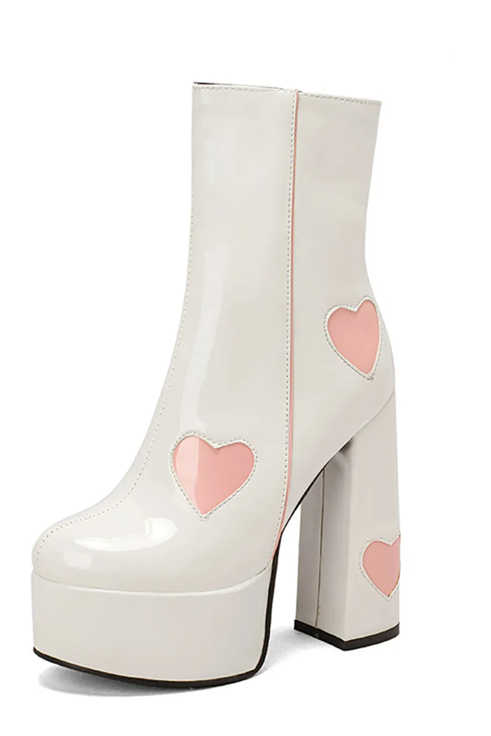 Preto PU Leather Platform Chunky Block High Heel Botas com corações cor-de-rosa