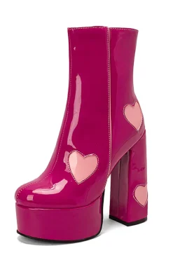 Preto PU Leather Platform Chunky Block High Heel Botas com corações cor-de-rosa