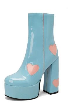 Preto PU Leather Platform Chunky Block High Heel Botas com corações cor-de-rosa
