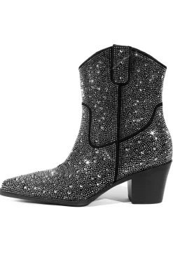 Preto Rhinestone Contraste Cor Western Ankle Botins
