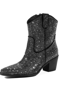 Preto Rhinestone Contraste Cor Western Ankle Botins