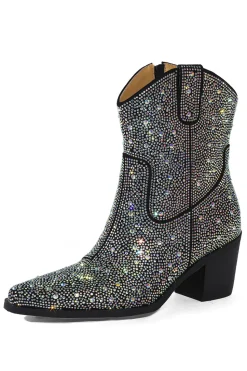 Preto Rhinestone Contraste Cor Western Ankle Botins