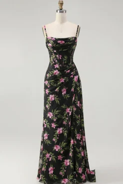 Preto Rosa Floral Esparguete Correias Corset Uma Linha Longo Vestido Madrinha