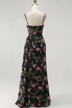 Preto Rosa Floral Esparguete Correias Corset Uma Linha Longo Vestido Madrinha