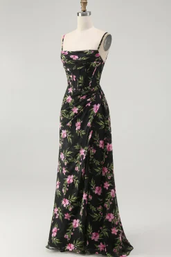 Preto Rosa Floral Esparguete Correias Corset Uma Linha Longo Vestido Madrinha