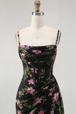 Preto Rosa Floral Esparguete Correias Corset Uma Linha Longo Vestido Madrinha