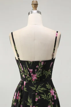 Preto Rosa Floral Esparguete Correias Corset Uma Linha Longo Vestido Madrinha