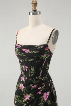 Preto Rosa Floral Esparguete Correias Corset Uma Linha Longo Vestido Madrinha