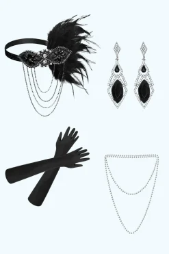 Preto 1920s Party Four Pieces Acessórios Conjuntos