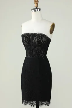 Preto Sem Alças Vestido de Cocktail