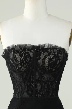 Preto Sem Alças Vestido de Cocktail