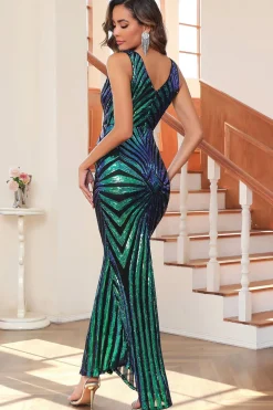 Preto Sequin V-neck Mangas Sereia Vestido de Festa Longo Noite