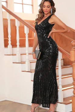 Preto Sequin V-neck Mangas Sereia Vestido de Festa Longo Noite