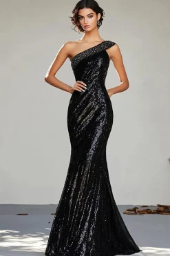 Preto Sequined One Shoulder Bainha Long Prom Dress