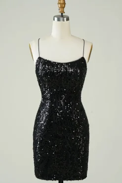 Preto Sequins Esparguete Alças Apertado Homecoming Dress