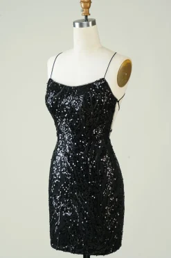 Preto Sequins Esparguete Alças Apertado Homecoming Dress