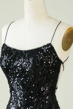 Preto Sequins Esparguete Alças Apertado Homecoming Dress