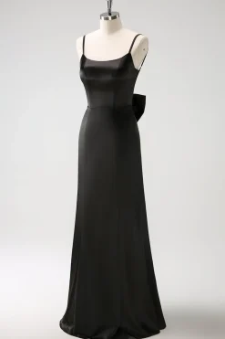 Preto Sereia Esparguete Alças Ruffed Bow Back Cetim Long Vestido de Madrinha
