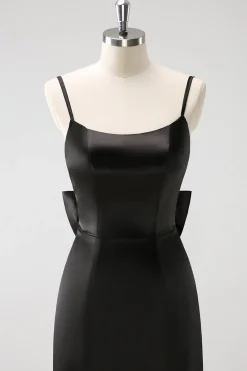 Preto Sereia Esparguete Alças Ruffed Bow Back Cetim Long Vestido de Madrinha