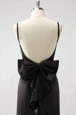 Preto Sereia Esparguete Alças Ruffed Bow Back Cetim Long Vestido de Madrinha