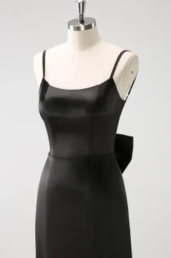 Preto Sereia Esparguete Alças Ruffed Bow Back Cetim Long Vestido de Madrinha