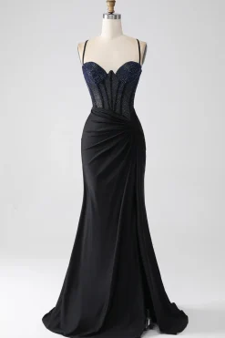 Preto Sereia Esparguete Correias Longo Espartilho Vestido de Baile Com Missangas