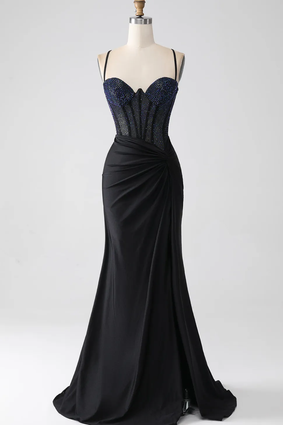 Preto Sereia Esparguete Correias Longo Espartilho Vestido de Baile Com Missangas