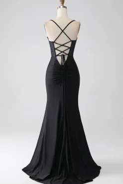 Preto Sereia Esparguete Correias Longo Espartilho Vestido de Baile Com Missangas