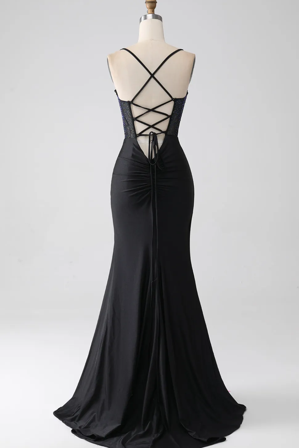 Preto Sereia Esparguete Correias Longo Espartilho Vestido de Baile Com Missangas